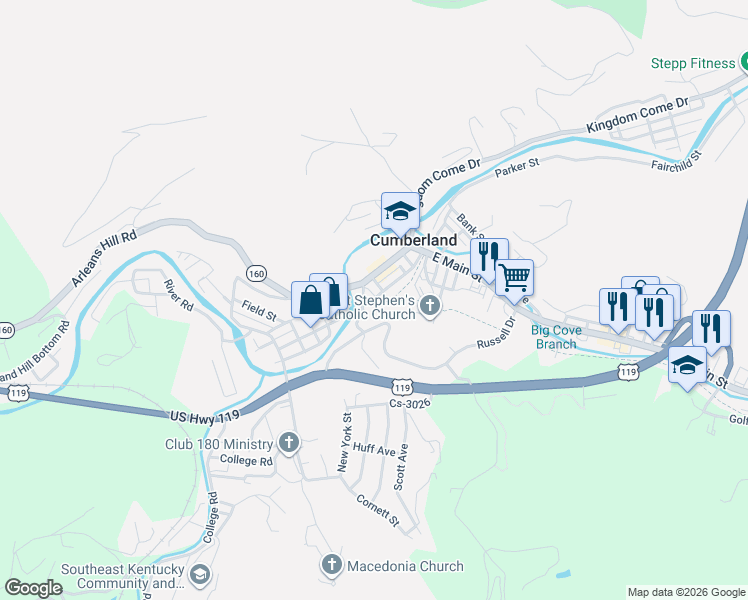 map of restaurants, bars, coffee shops, grocery stores, and more near 209 Beale Street in Cumberland