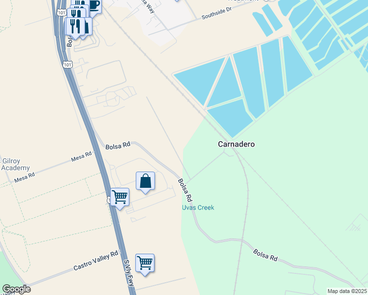 map of restaurants, bars, coffee shops, grocery stores, and more near 275 Bolsa Road in Gilroy