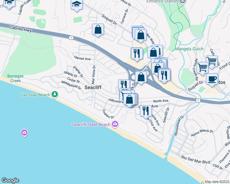 map of restaurants, bars, coffee shops, grocery stores, and more near 114 Sea Ridge Court in Aptos