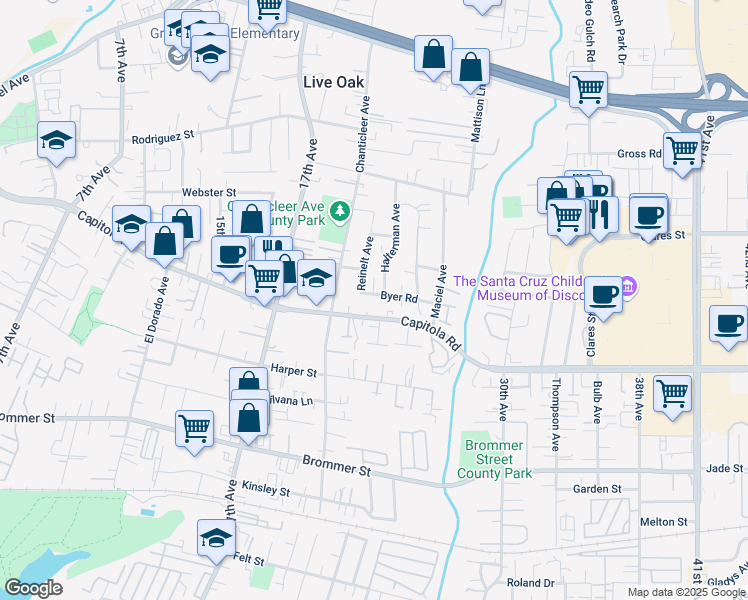 map of restaurants, bars, coffee shops, grocery stores, and more near 1785 Halterman Avenue in Santa Cruz