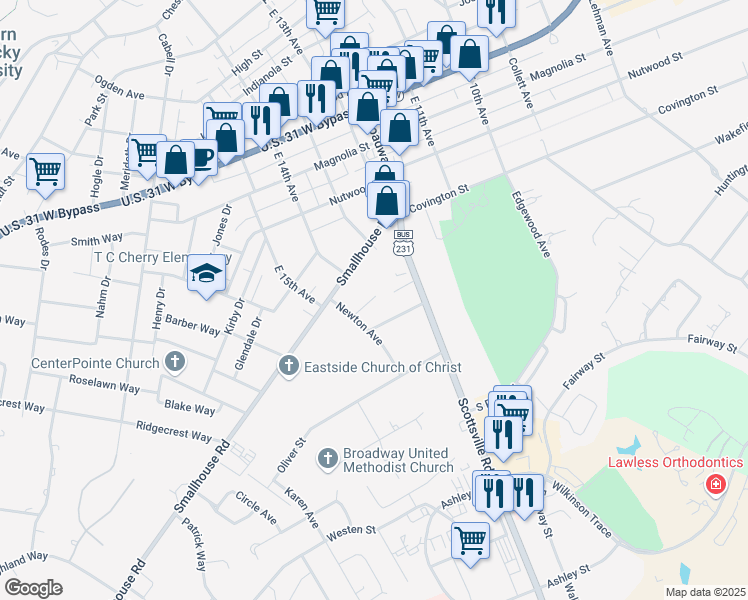 map of restaurants, bars, coffee shops, grocery stores, and more near 1434 Clayton Court in Bowling Green