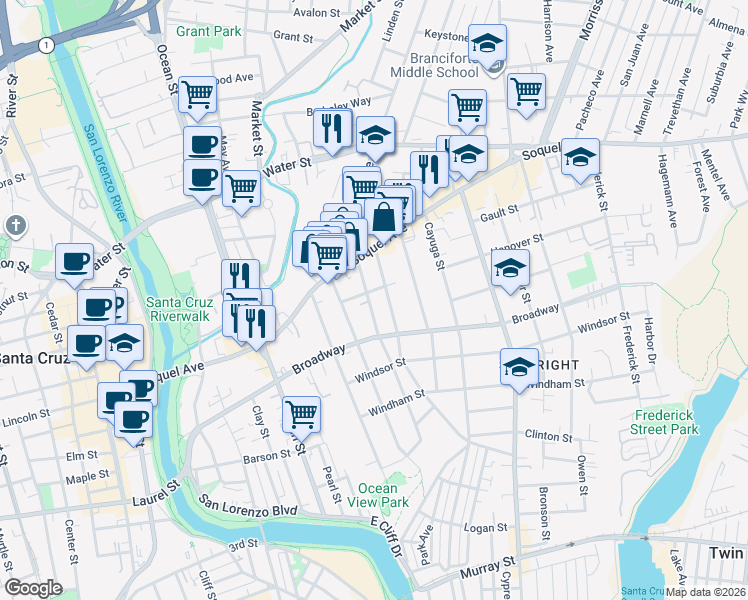 map of restaurants, bars, coffee shops, grocery stores, and more near 503 Caledonia Street in Santa Cruz