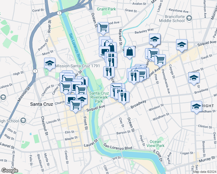 map of restaurants, bars, coffee shops, grocery stores, and more near 180 Dakota Avenue in Santa Cruz