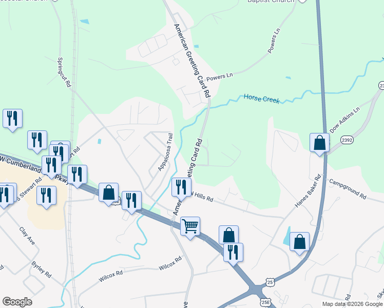map of restaurants, bars, coffee shops, grocery stores, and more near 1270 American Greeting Card Road in Corbin