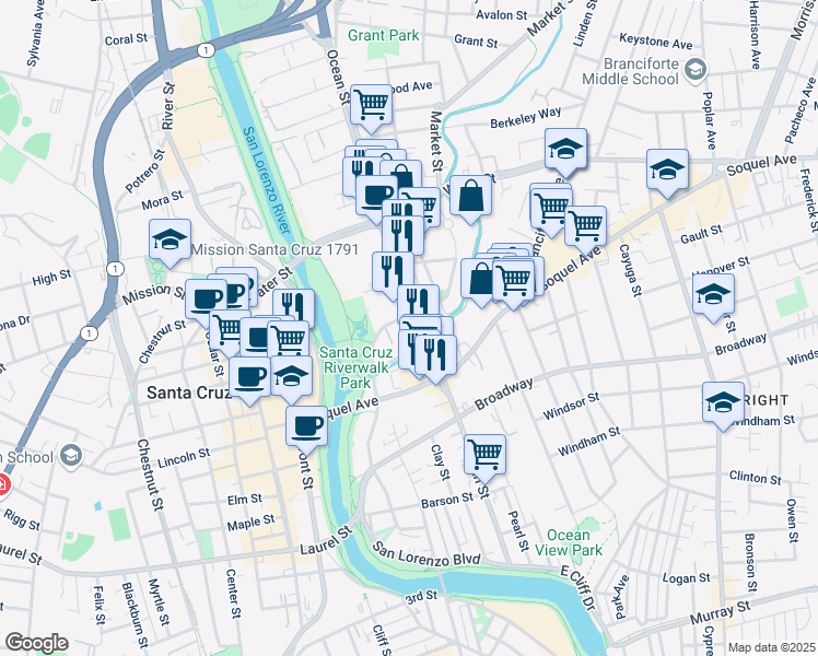 map of restaurants, bars, coffee shops, grocery stores, and more near 180 Dakota Avenue in Santa Cruz