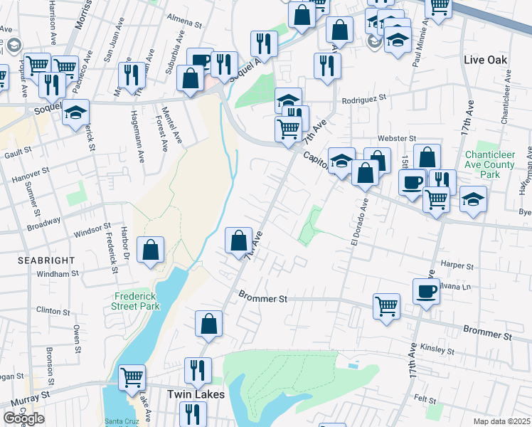 map of restaurants, bars, coffee shops, grocery stores, and more near 1385 7th Avenue in Santa Cruz