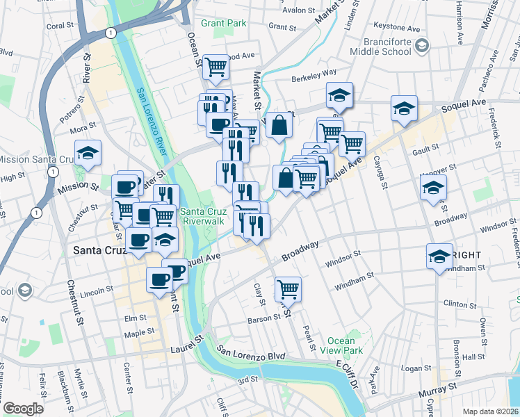 map of restaurants, bars, coffee shops, grocery stores, and more near 135 May Avenue in Santa Cruz