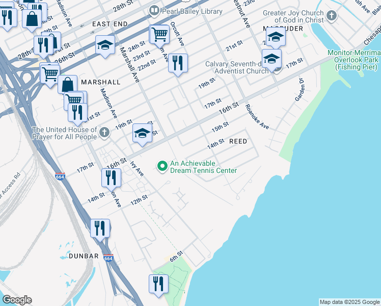 map of restaurants, bars, coffee shops, grocery stores, and more near 831 14th Street in Newport News