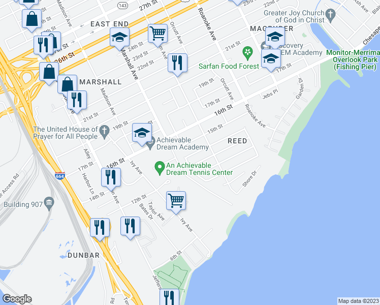map of restaurants, bars, coffee shops, grocery stores, and more near 831 14th Street in Newport News