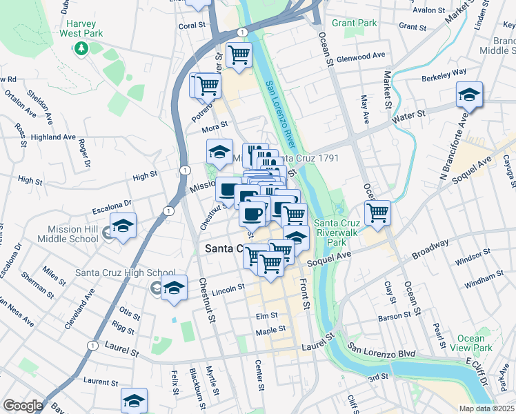 map of restaurants, bars, coffee shops, grocery stores, and more near 850 Front Street in Santa Cruz