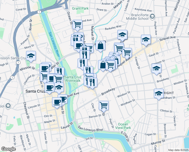 map of restaurants, bars, coffee shops, grocery stores, and more near 216 Dakota Avenue in Santa Cruz