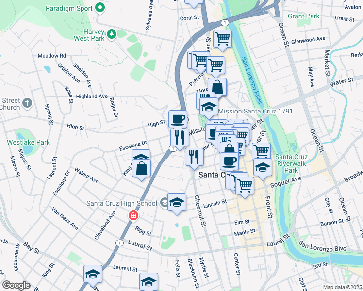 map of restaurants, bars, coffee shops, grocery stores, and more near 350 Mission Street in Santa Cruz