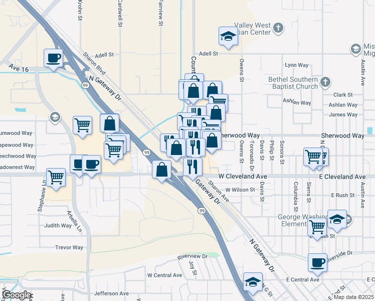 map of restaurants, bars, coffee shops, grocery stores, and more near 1141 Sharon Avenue in Madera