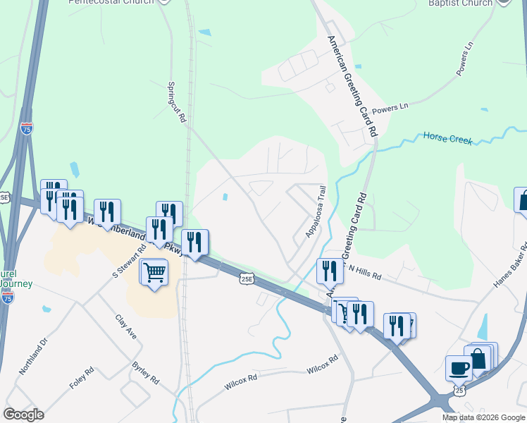 map of restaurants, bars, coffee shops, grocery stores, and more near 3149 North State Highway 1223 in Corbin