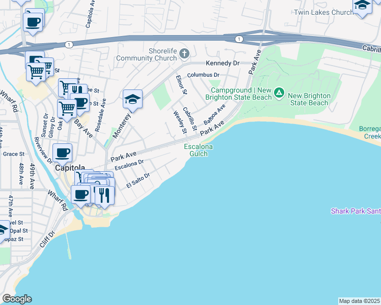 map of restaurants, bars, coffee shops, grocery stores, and more near 108 Grove Lane in Capitola
