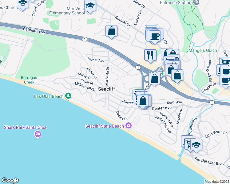 map of restaurants, bars, coffee shops, grocery stores, and more near 369 Sea Ridge Road in Aptos
