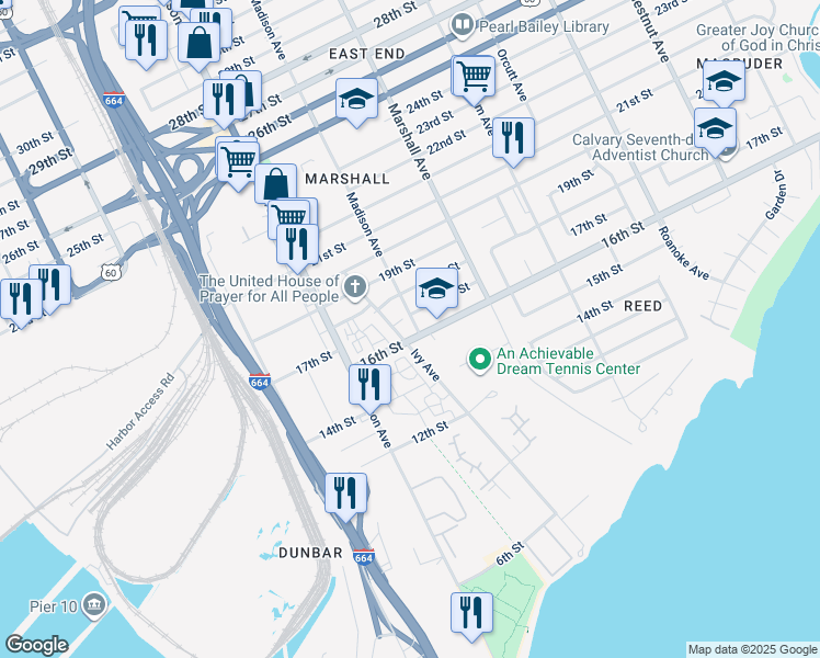 map of restaurants, bars, coffee shops, grocery stores, and more near 1607 Madison Avenue in Newport News