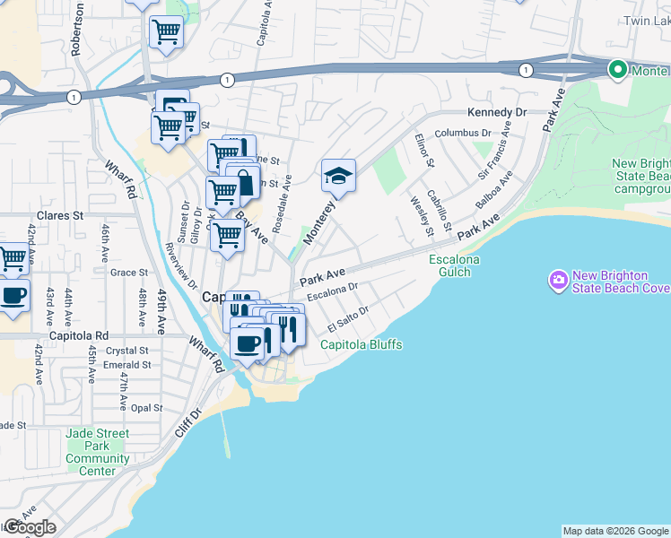 map of restaurants, bars, coffee shops, grocery stores, and more near 318 Park Avenue in Capitola