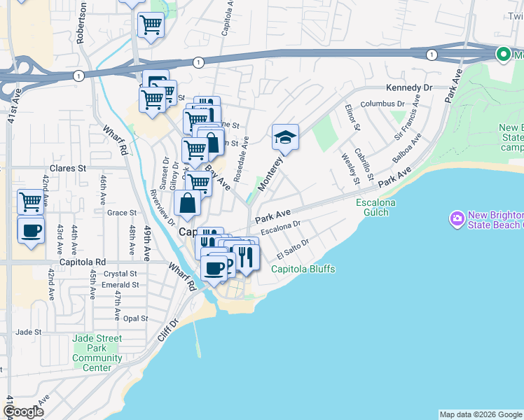map of restaurants, bars, coffee shops, grocery stores, and more near 310 McCormick Avenue in Capitola