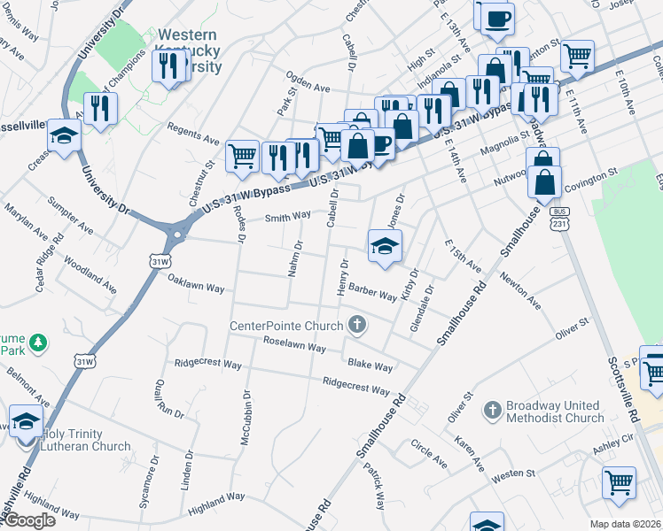 map of restaurants, bars, coffee shops, grocery stores, and more near Temple Way in Bowling Green