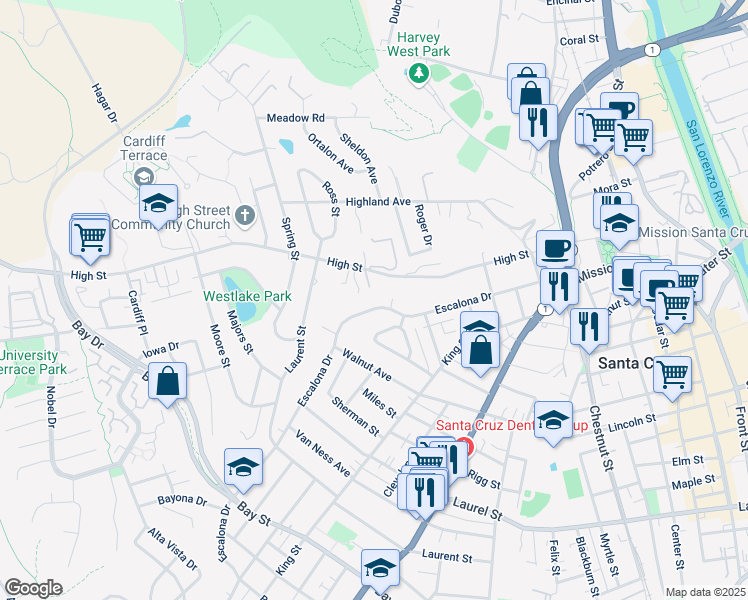 map of restaurants, bars, coffee shops, grocery stores, and more near 538 Escalona Drive in Santa Cruz