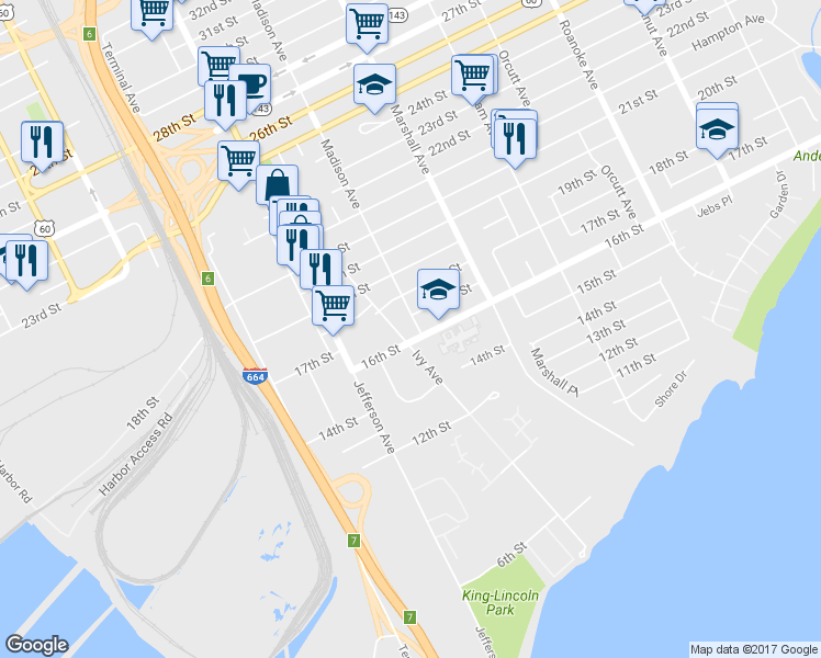 map of restaurants, bars, coffee shops, grocery stores, and more near 1607 Madison Avenue in Newport News