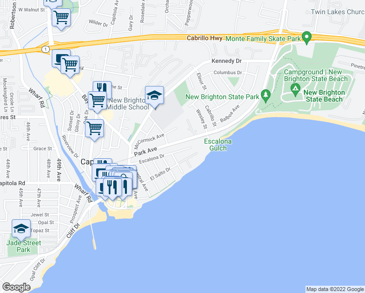 map of restaurants, bars, coffee shops, grocery stores, and more near 702 Escalona Drive in Capitola