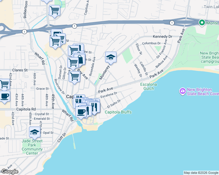 map of restaurants, bars, coffee shops, grocery stores, and more near 318 Park Avenue in Capitola