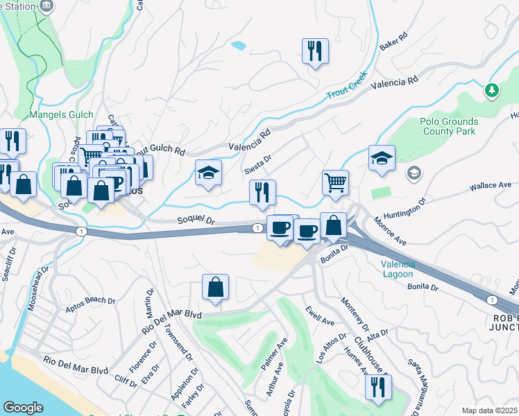 map of restaurants, bars, coffee shops, grocery stores, and more near 9049 Soquel Drive in Aptos