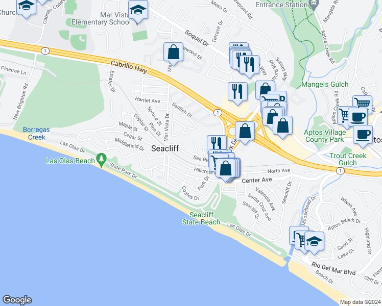 map of restaurants, bars, coffee shops, grocery stores, and more near 358 Sea Ridge Road in Aptos
