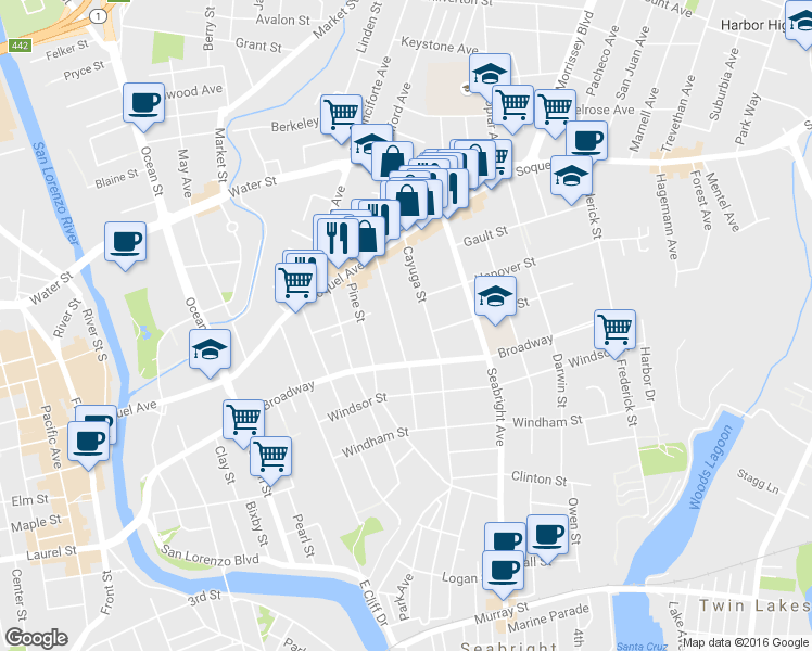 map of restaurants, bars, coffee shops, grocery stores, and more near 915 Cayuga Street in Santa Cruz