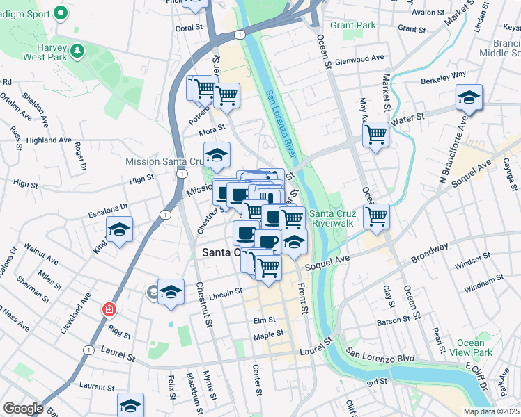 map of restaurants, bars, coffee shops, grocery stores, and more near 850 Front Street in Santa Cruz