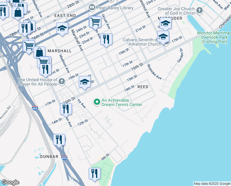 map of restaurants, bars, coffee shops, grocery stores, and more near 835 14th St in Newport News