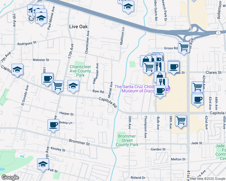map of restaurants, bars, coffee shops, grocery stores, and more near 2570 Valerie Court in Santa Cruz