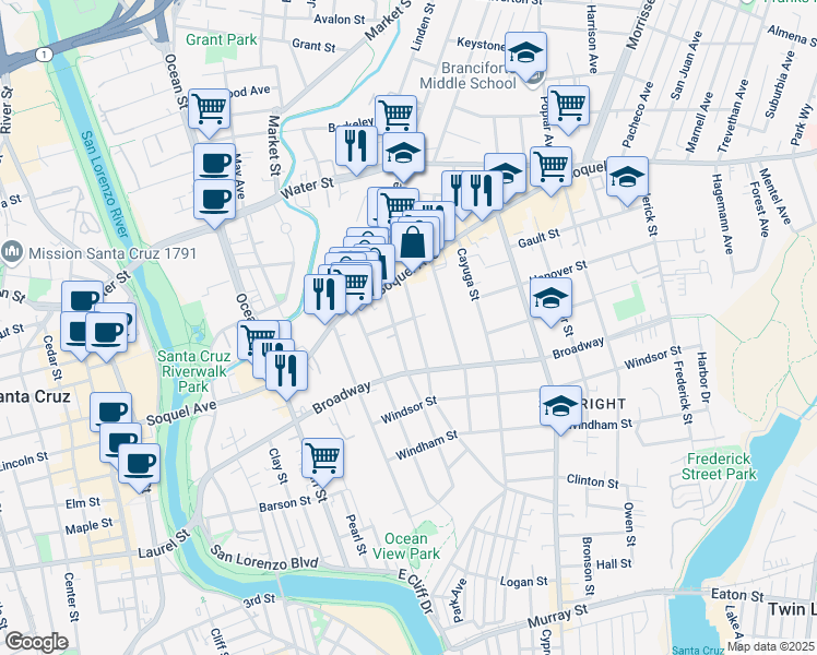 map of restaurants, bars, coffee shops, grocery stores, and more near 212 Hanover Street in Santa Cruz