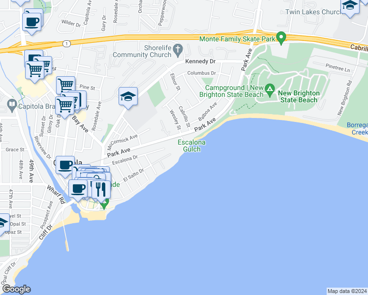 map of restaurants, bars, coffee shops, grocery stores, and more near 108 Grove Lane in Capitola