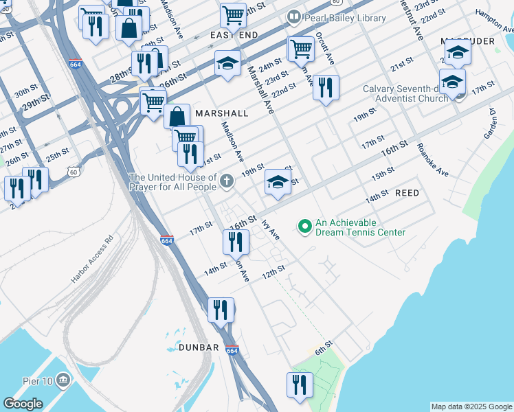 map of restaurants, bars, coffee shops, grocery stores, and more near 1610 Ivy Avenue in Newport News