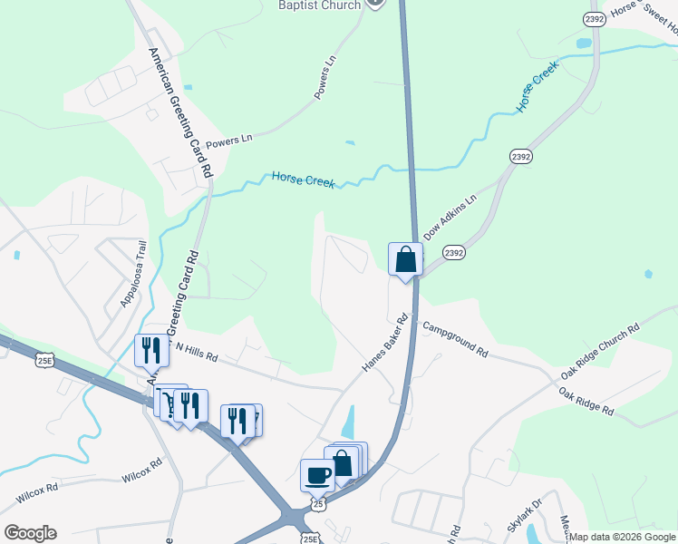 map of restaurants, bars, coffee shops, grocery stores, and more near 488 Lynn Acres Road in Corbin