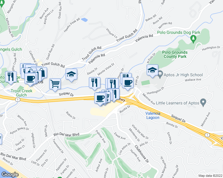 map of restaurants, bars, coffee shops, grocery stores, and more near 202 Coronado Drive in Aptos
