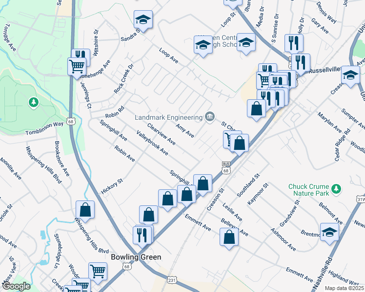 map of restaurants, bars, coffee shops, grocery stores, and more near 125 Clearview Avenue in Bowling Green