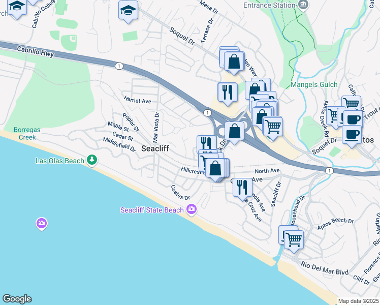map of restaurants, bars, coffee shops, grocery stores, and more near 114 Sea Ridge Court in Aptos