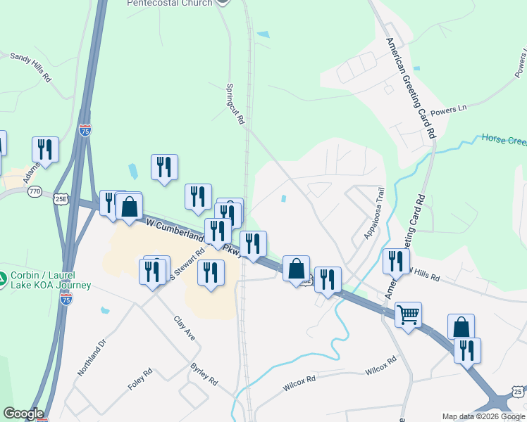 map of restaurants, bars, coffee shops, grocery stores, and more near 196 North Stewart Road in Corbin