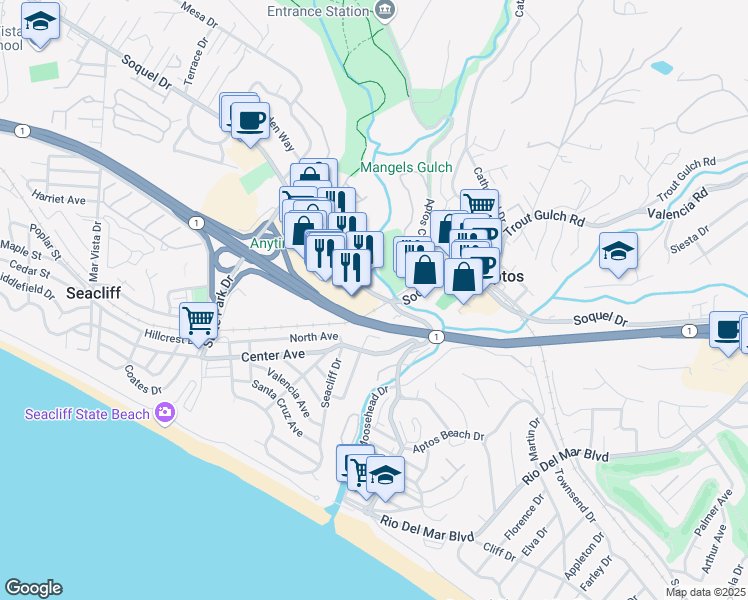 map of restaurants, bars, coffee shops, grocery stores, and more near 7970 Soquel Drive in Aptos