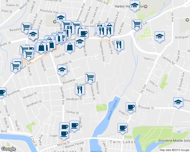 map of restaurants, bars, coffee shops, grocery stores, and more near 417 Harbor Dr in Santa Cruz