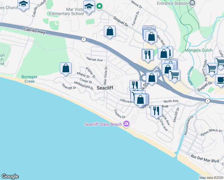 map of restaurants, bars, coffee shops, grocery stores, and more near 373 Sea Ridge Road in Aptos