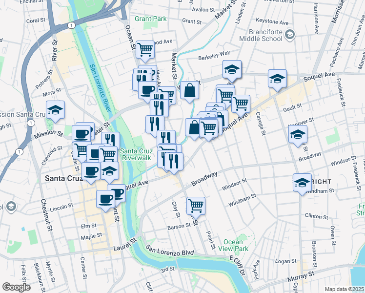 map of restaurants, bars, coffee shops, grocery stores, and more near 134 May Avenue in Santa Cruz