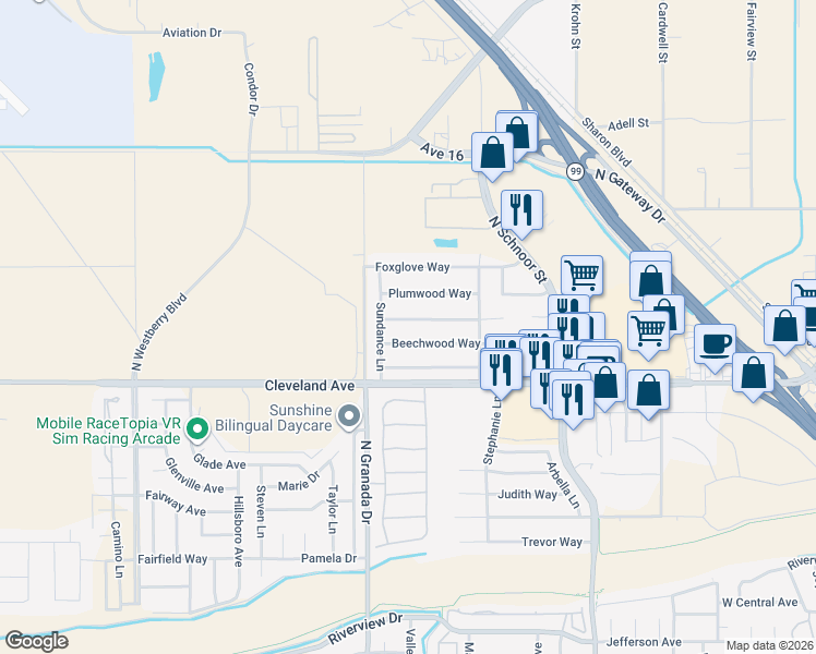 map of restaurants, bars, coffee shops, grocery stores, and more near 2526 Grapewood Way in Madera