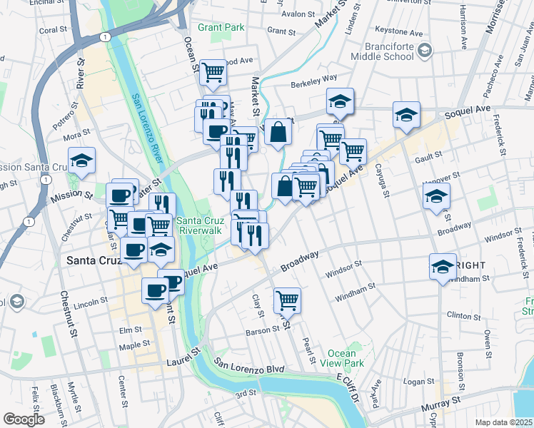 map of restaurants, bars, coffee shops, grocery stores, and more near 134 May Avenue in Santa Cruz
