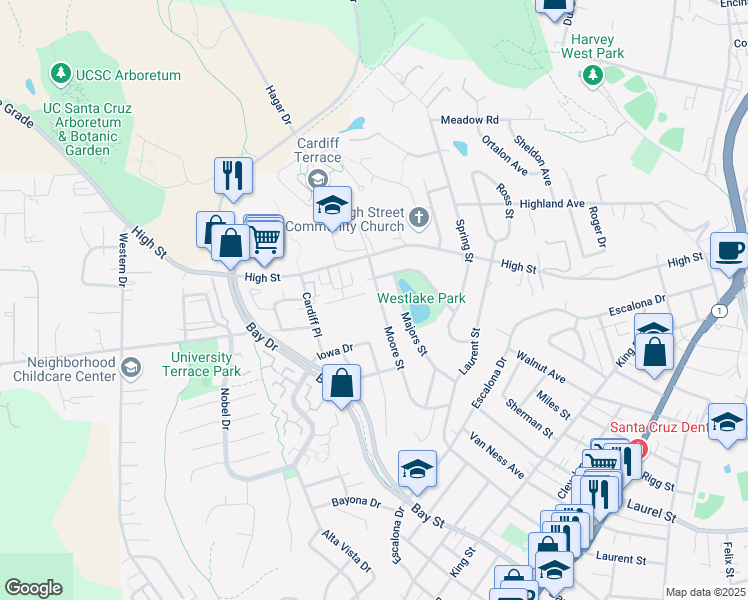 map of restaurants, bars, coffee shops, grocery stores, and more near 339 Moore Street in Santa Cruz