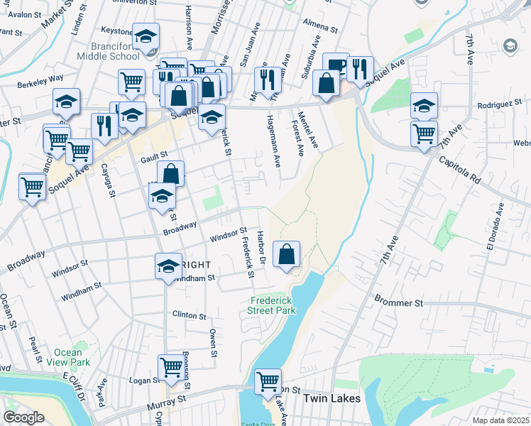 map of restaurants, bars, coffee shops, grocery stores, and more near 417 Harbor Drive in Santa Cruz
